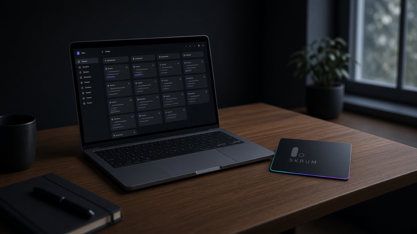 Laptop and Skrum debit card on a desk