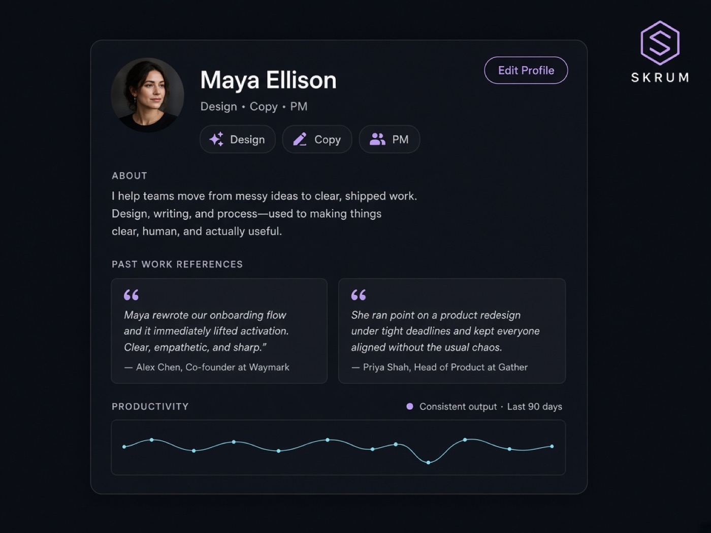 Skrum profile with skills and references